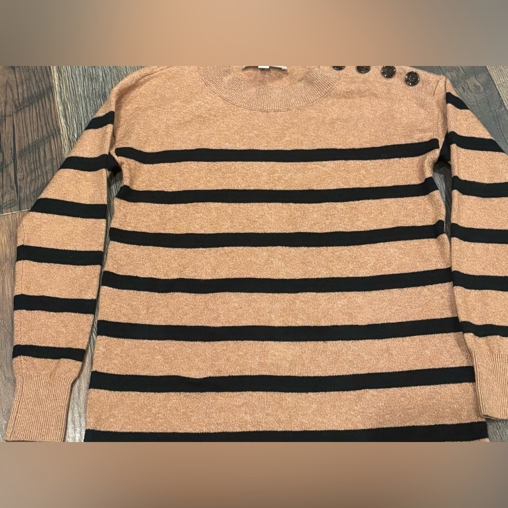 LOFT Camel/Tan and Black Striped Crew Neck Sweater with Button details XS - Picture 7 of 12